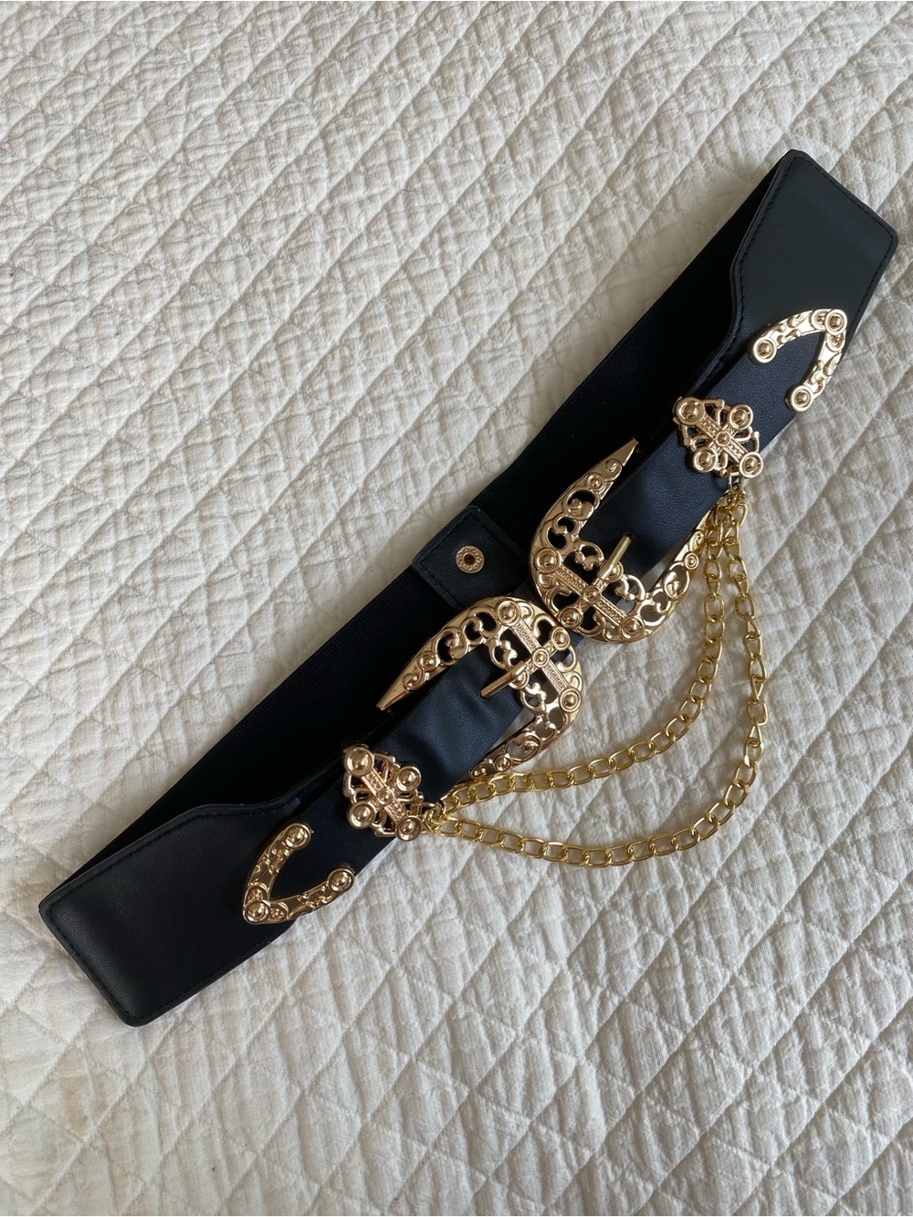 Western Cowgirl Chain Black Belt Gold-Tone Double Buckle Elastic Boho Festival